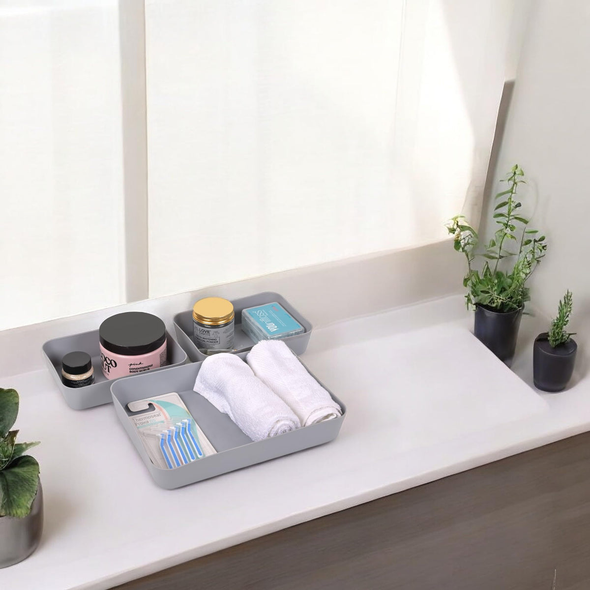 Image 2 of Go Hooked Set of 3 Plastic Storage Trays Grey - Multipurpose Organizers for Kitchen, Office, Makeup, and Stationery - Durable and Easy to Clean