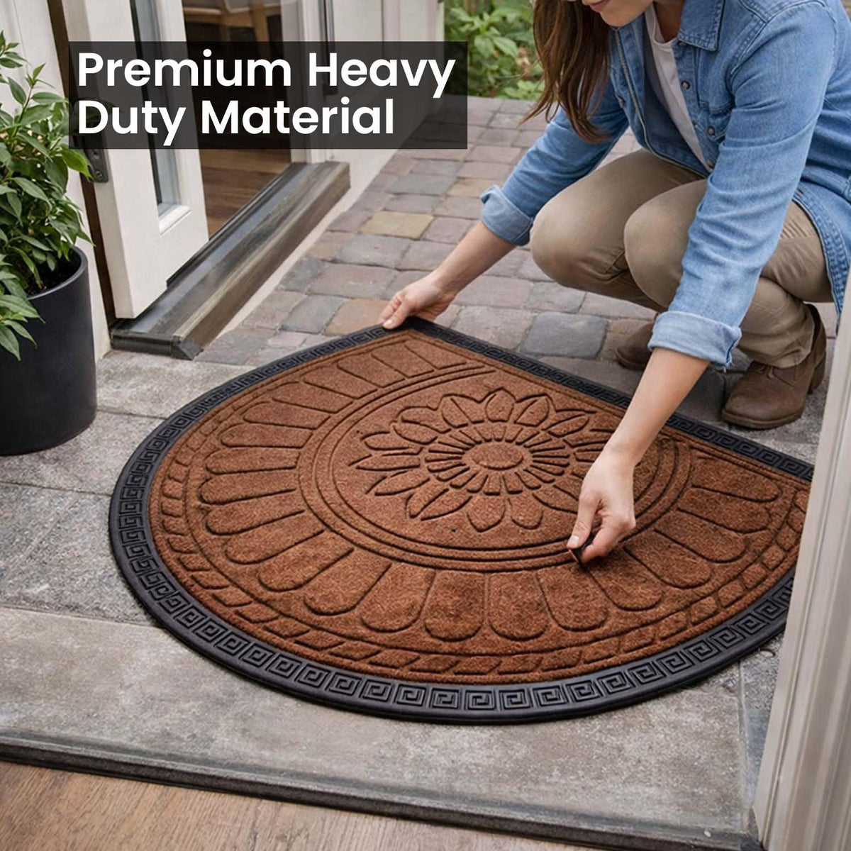 Image 4 of Go Hooked Rubber Half Circle Door Mat 70x44cm | Anti Slip Waterproof Entrance Door Mat for Home & Office | Outdoor Semi Circle Main Door Floor Mat for Bathroom, Kitchen, Bedroom | Imperial Lotus Brown