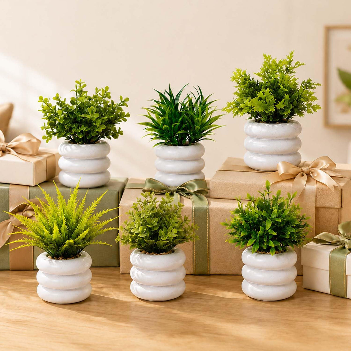 Image 1 of Default Title for the product Go Hooked Artificial Mini Plant (6 Pack) | Small Faux Plants Home & Office Decor, Living Room, Bedroom, Tabletop & Shelves | Small Potted Plants | Stylish Round Pot