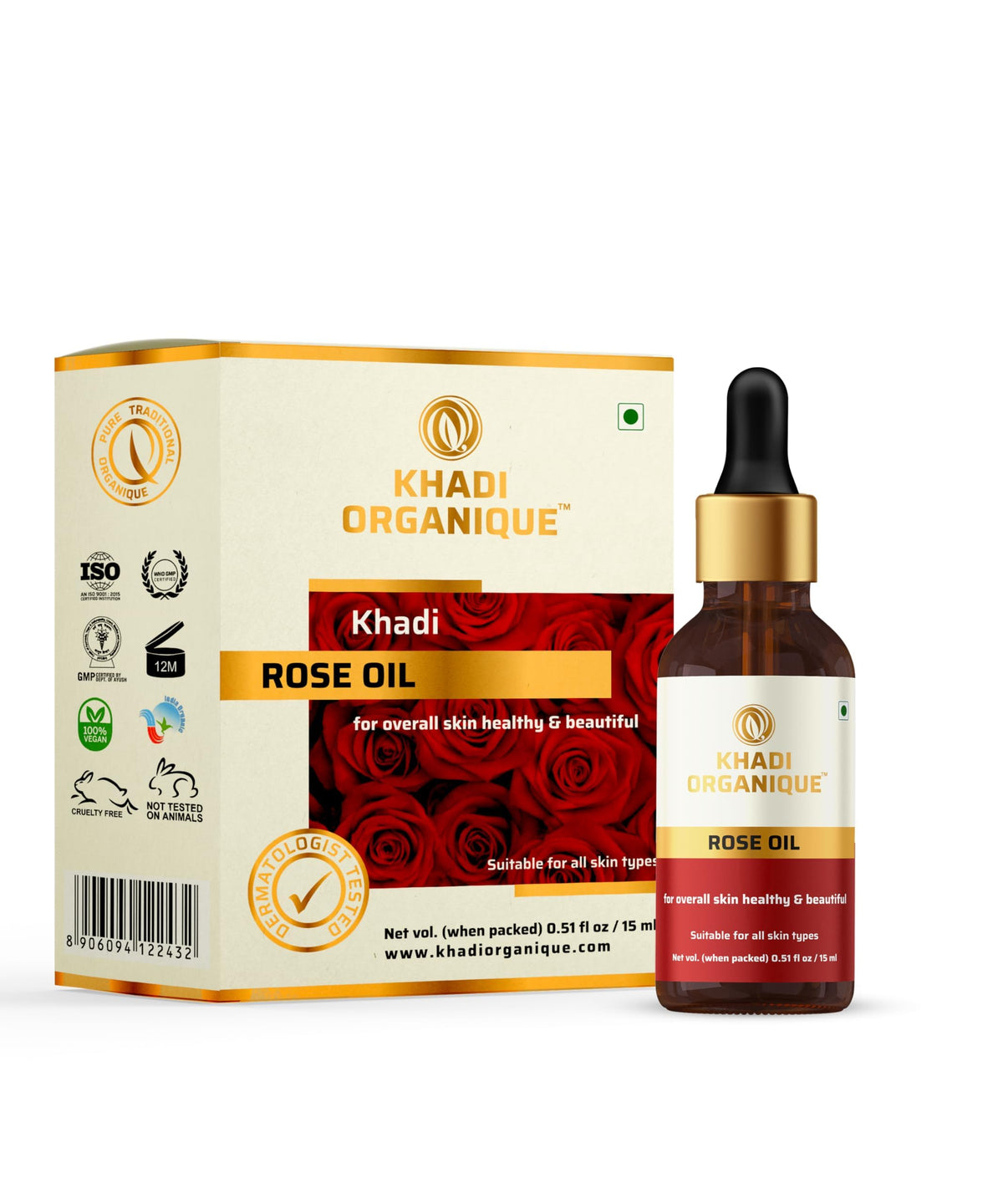 Image 1 of 15 ml for the product Khadi Organique Rose Essential Oil for Hair Growth, Acne & Blemishes Control