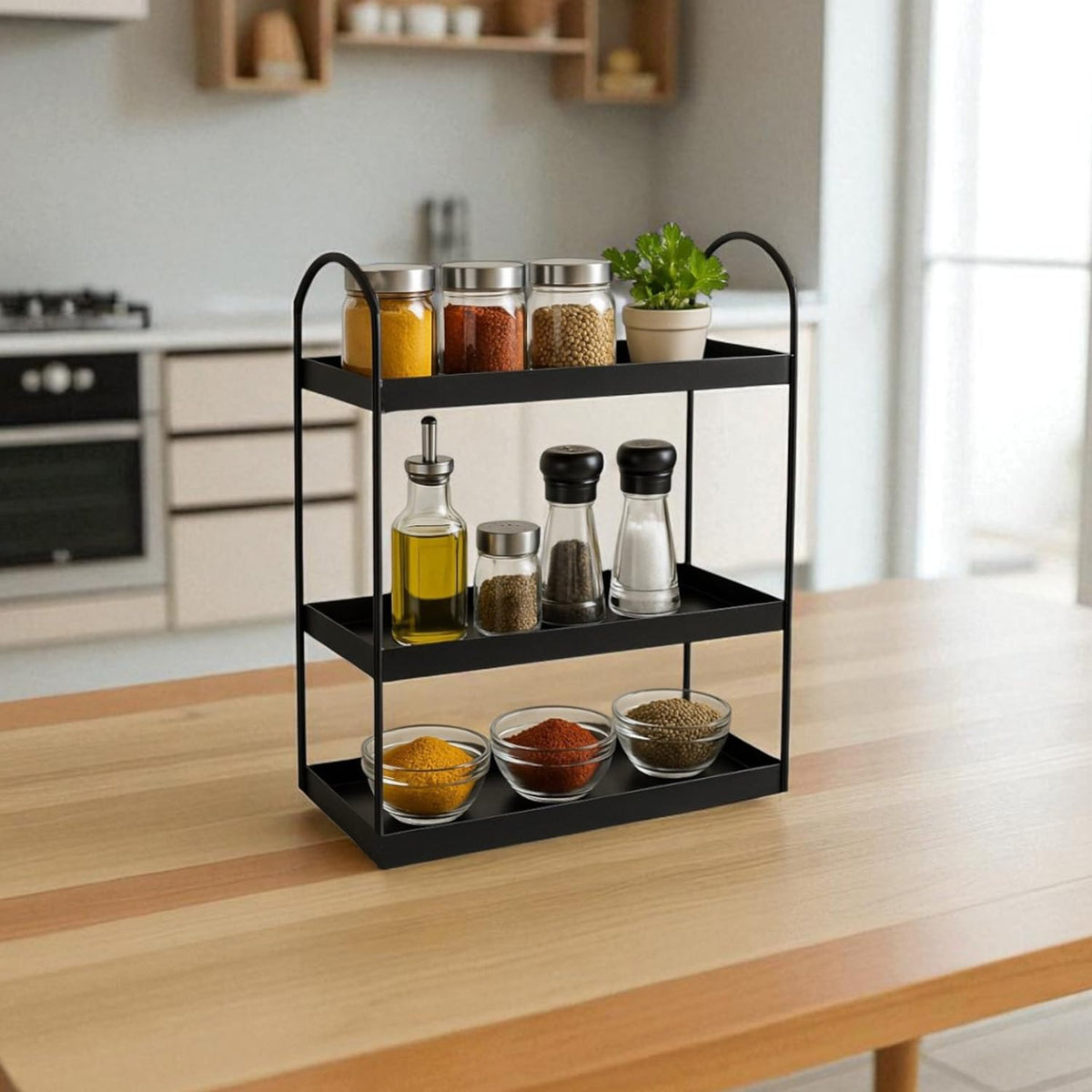 Image 3 of Go Hooked 3 Tier Curved Metal Vanity Organizer – 45cm Tall Countertop Storage Rack for Bathroom, Dressing Table & Desk | Powder Coated Rust-Resist Iron | Freestanding Space-Saving Shelf (Black)