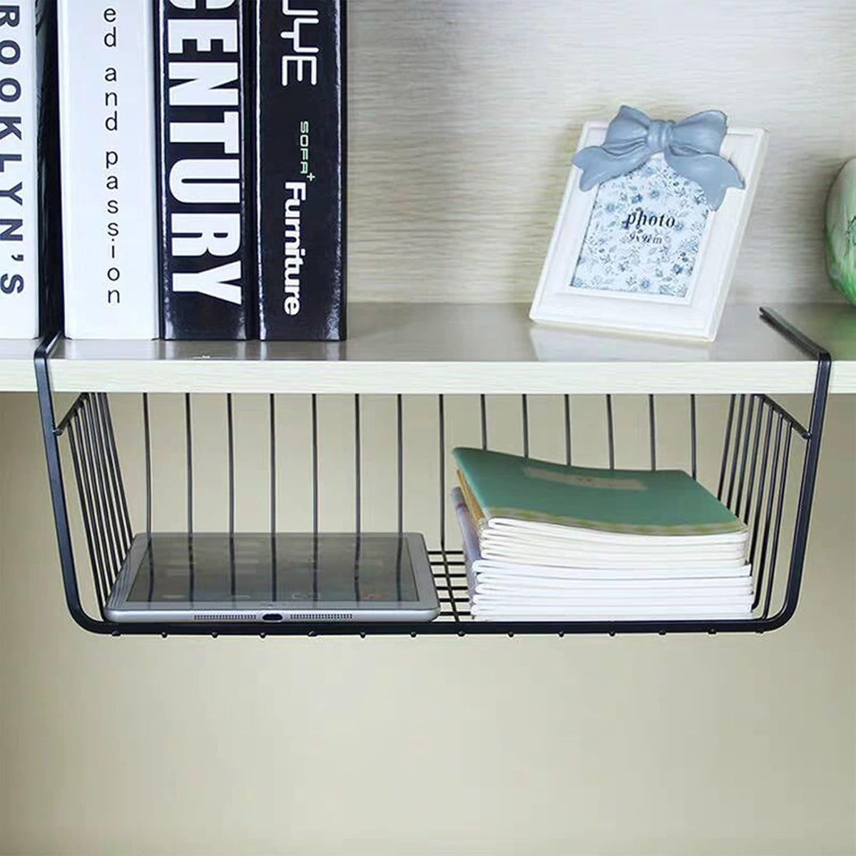 Image 1 of Default Title for the product Go Hooked 12 Inch Undershelf Storage Basket Pack of 1 | Multipurpose Under Shelf Organizer | Hanging Wire Basket for Cabinet, Shelf, Pantry, Cupboard, Closet, Desk, and Bathroom (Black)