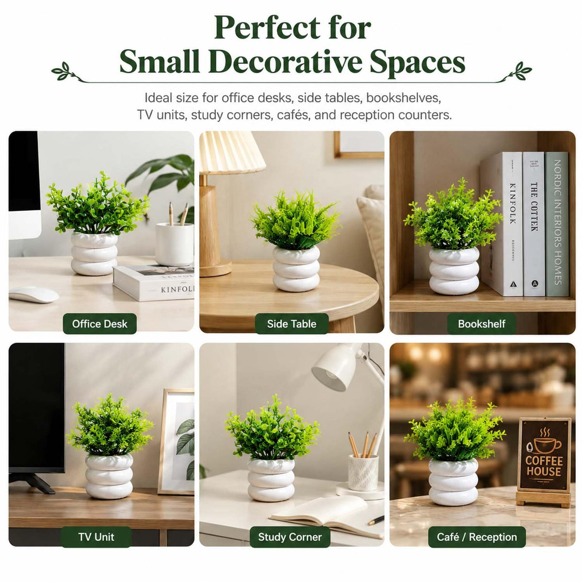 Image 2 of Go Hooked Bianco Artificial Mini Plant (7 Pack) | Small Faux Plants Home & Office Decor, Living Room, Bedroom, Tabletop & Shelves | Small Potted Plants | Stylish Round Pot
