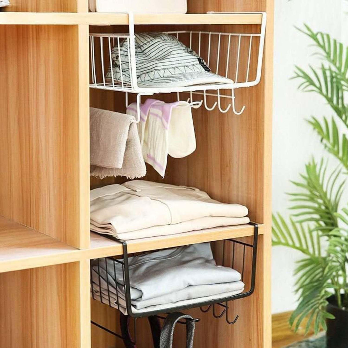 Image 3 of Go Hooked BIANCO Under Shelf Hanging Basket Organizer for Home, Cabinet & Wardrobe 12 Inch| Space Saver Rack for Pantry, Cutlery, Clothes & Stationery | Black Coated Metal Wire Shelf Basket with Curved Hook