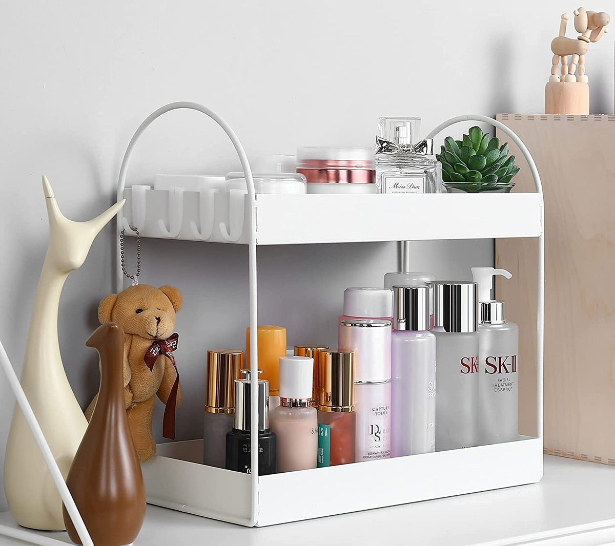 Image 1 of Default Title for the product Go Hooked 2-Tier Standing Rack Bathroom Countertop Organizer Vanity Tray Cosmetic Makeup Storage Kitchen Spice Rack Standing Shelf (White, Metal, Pack of 1)