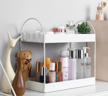 Image 1 of Default Title for the product Go Hooked 2-Tier Standing Rack Bathroom Countertop Organizer Vanity Tray Cosmetic Makeup Storage Kitchen Spice Rack Standing Shelf (White, Metal, Pack of 1)