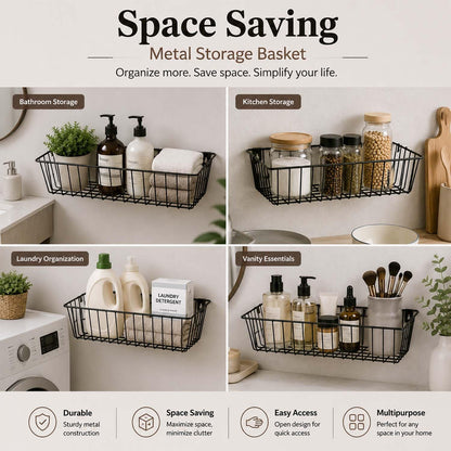 Image 5 of Go Hooked Pack of 3 Metal Wall Mount Storage Basket Organizer Portable Hanging Wall Basket for Bathroom, Bedroom, Office, Home (Black)