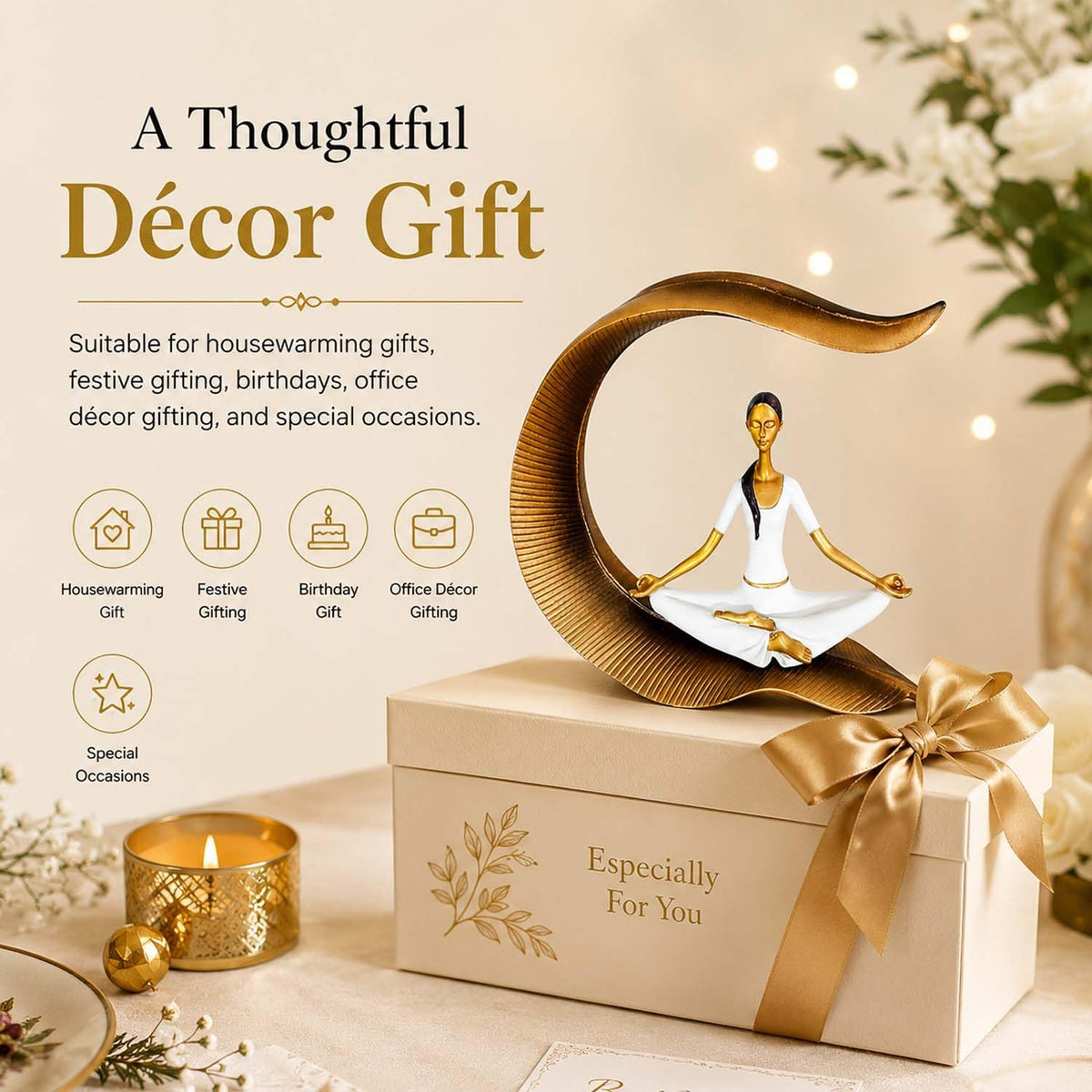 Image 4 of Go Hooked Bianco Yoga Lady Statue Polyresin Meditating Woman Figurine for Home & Office Décor 22Cm | Elegant Yoga Showpiece | Zen Décor | Namaste Meditation Idol | Decorative Woman Statue (White)