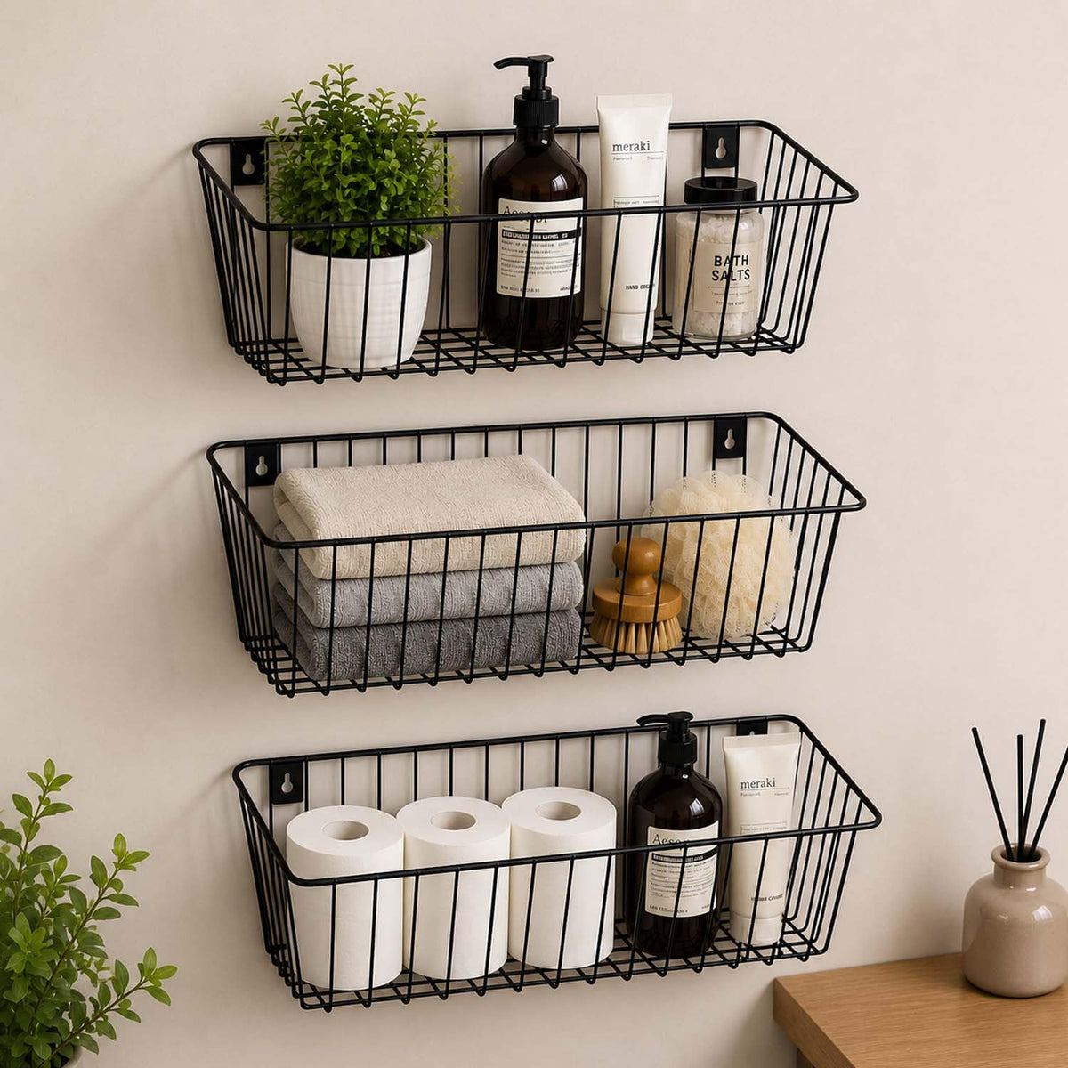 Image 2 of Default Title for the product Go Hooked Pack of 3 Metal Wall Mount Storage Basket Organizer Portable Hanging Wall Basket for Bathroom, Bedroom, Office, Home (Black)