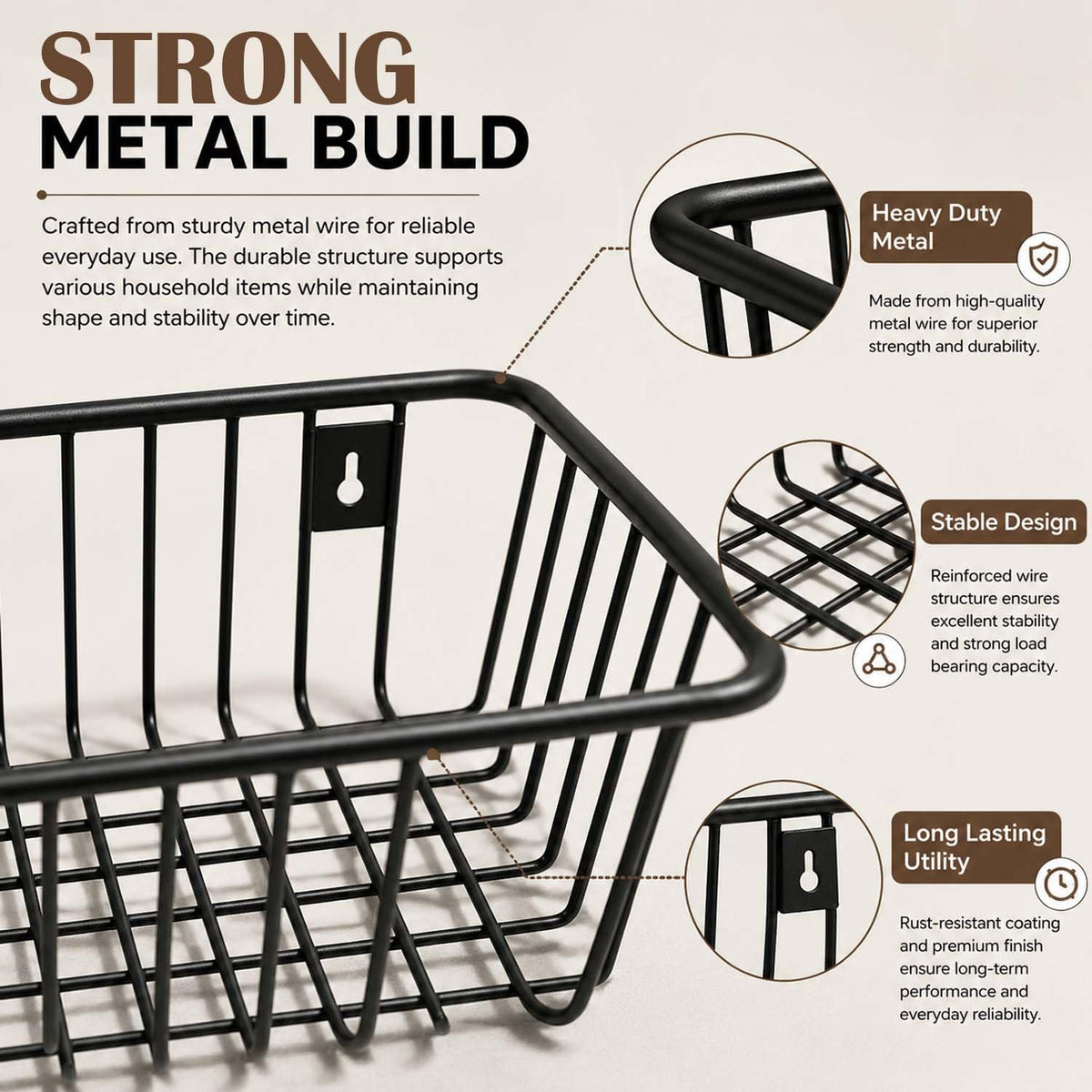 Image 4 of Go Hooked Pack of 3 Metal Wall Mount Storage Basket Organizer Portable Hanging Wall Basket for Bathroom, Bedroom, Office, Home (Black)