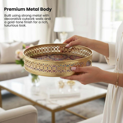 Image 2 of Go Hooked Gold Metal Decorative Tray Set of 2 | Round Mandala Pattern Accent Trays for Home Décor, Festive Styling, Luxury Display for Living Room, Bedroom & Entryway (8/10 Inch)