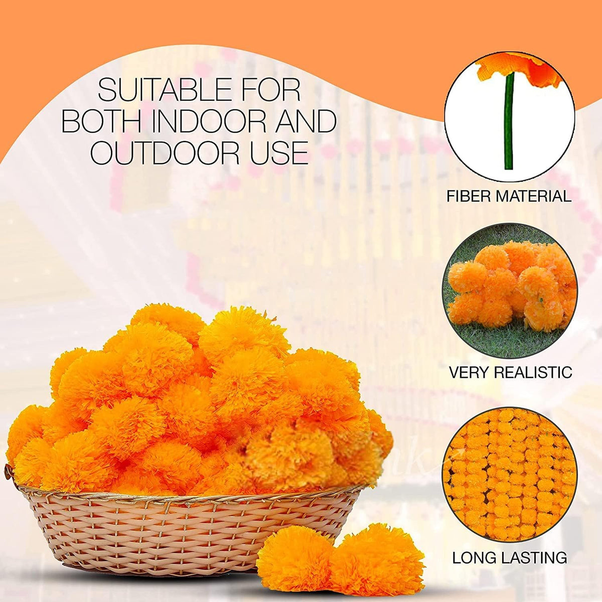 Image 3 of Go Hooked Artificial Flowers | Marigold Fluffy Flowers | String Garlands | Special Occasion Decoration | Home Decor Party | Festival Theme Decorative | 5 Feet Each | Orange | Pack of 5