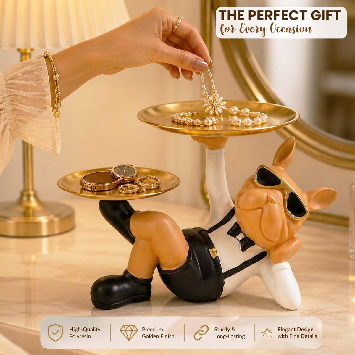 Image 3 of Go Hooked Polyresin Bulldog Storage Tray Stand 25Cm | Dual Serving Decorative Sculpture | Dog Figurine Tray Stand | Luxurious Multipurpose Dog Statue for Home Decor, Office, Bar, Table, Gift (GH35)