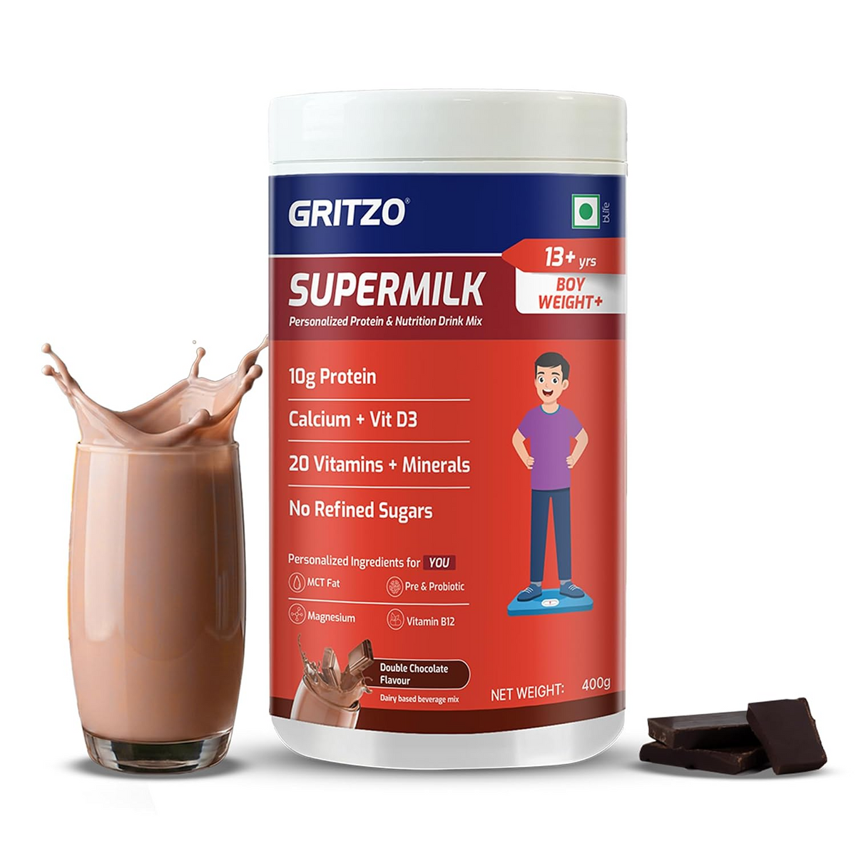 Image 1 of 400 gm for the product Gritzo SuperMilk Weight+ (13+y Boys), 10g Protein Powder (Double Chocolate)