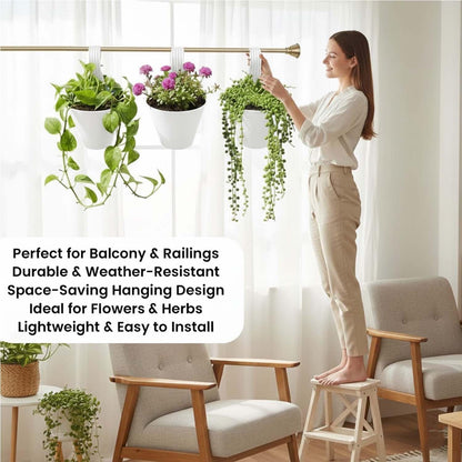 Image 7 of Go Hooked Plastic Hanging Planter for Plants, Vertical Gardens, Modern Living, Greenery, Compact Living Spaces, Railing Flower Pots, Pot Diameter (22 cm), Pot Height (17 cm) (Set of 5) (White)