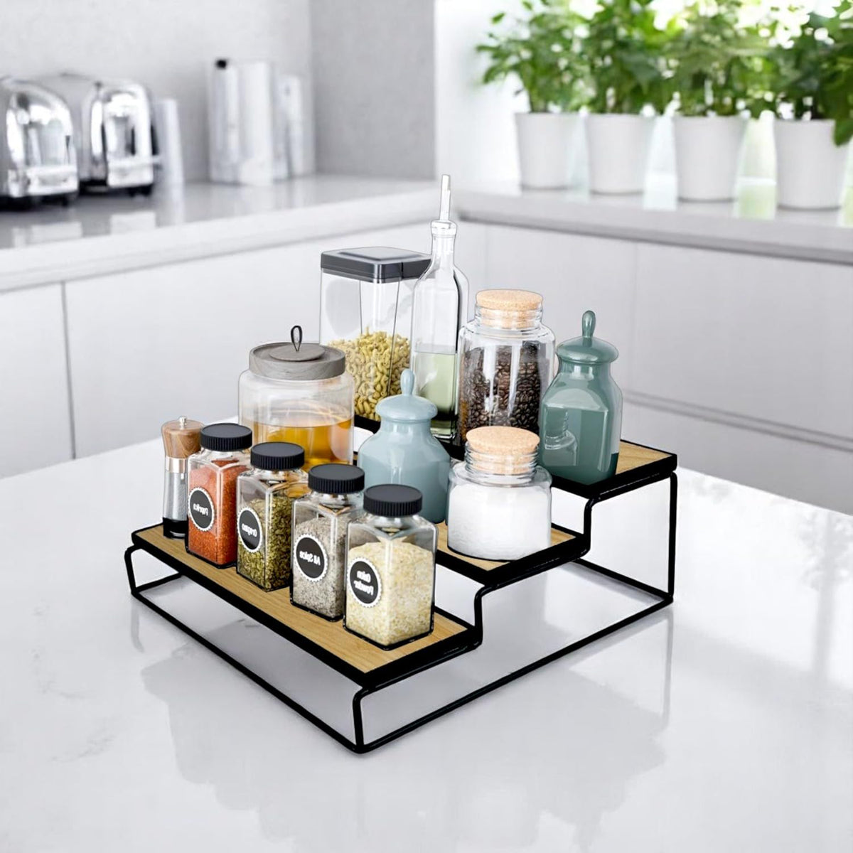 Image 1 of Default Title for the product Go Hooked 3-Tier Wood-Finish Spice Rack Organizer for Kitchen 31x20x8 cm | Multi Purpose Storage Organiser | Tiered Shelf For Spice Bottles, Masala Jars, Pantry, Cabinet, Bathroom & Vanity Storage