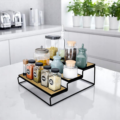 Image 1 of Default Title for the product Go Hooked 3-Tier Wood-Finish Spice Rack Organizer for Kitchen 31x20x8 cm | Multi Purpose Storage Organiser | Tiered Shelf For Spice Bottles, Masala Jars, Pantry, Cabinet, Bathroom & Vanity Storage
