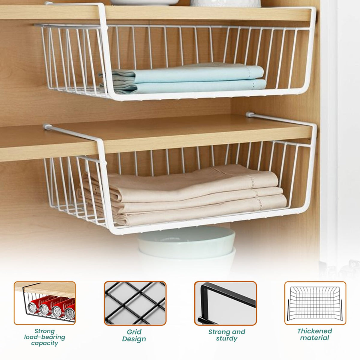 Image 5 of Go Hooked 16 Inch Undershelf Storage Basket Pack of 2 | Multipurpose Under Shelf Organizer | Hanging Wire Basket for Cabinet, Shelf, Cupboard, Pantry, Closet, Desk, and Bathroom (White)