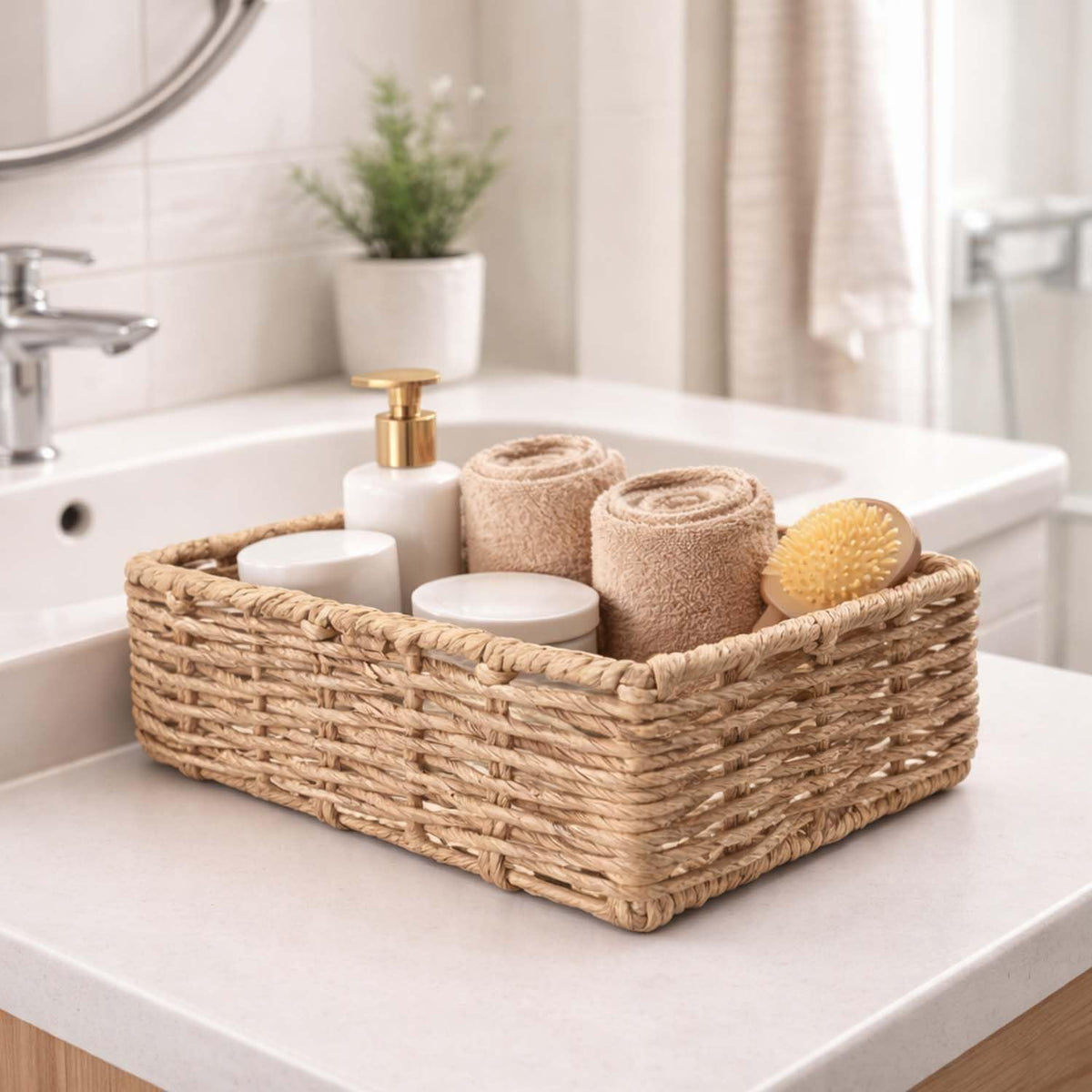 Image 1 of Default Title for the product Go Hooked Handwoven Water Hyacinth Raffia Storage Basket 10 Inch | Natural Wicker Bathroom Organizer Basket for Towels, Toiletries & Shelf | Decorative Basket for Bathroom, Bedroom, Home & Office