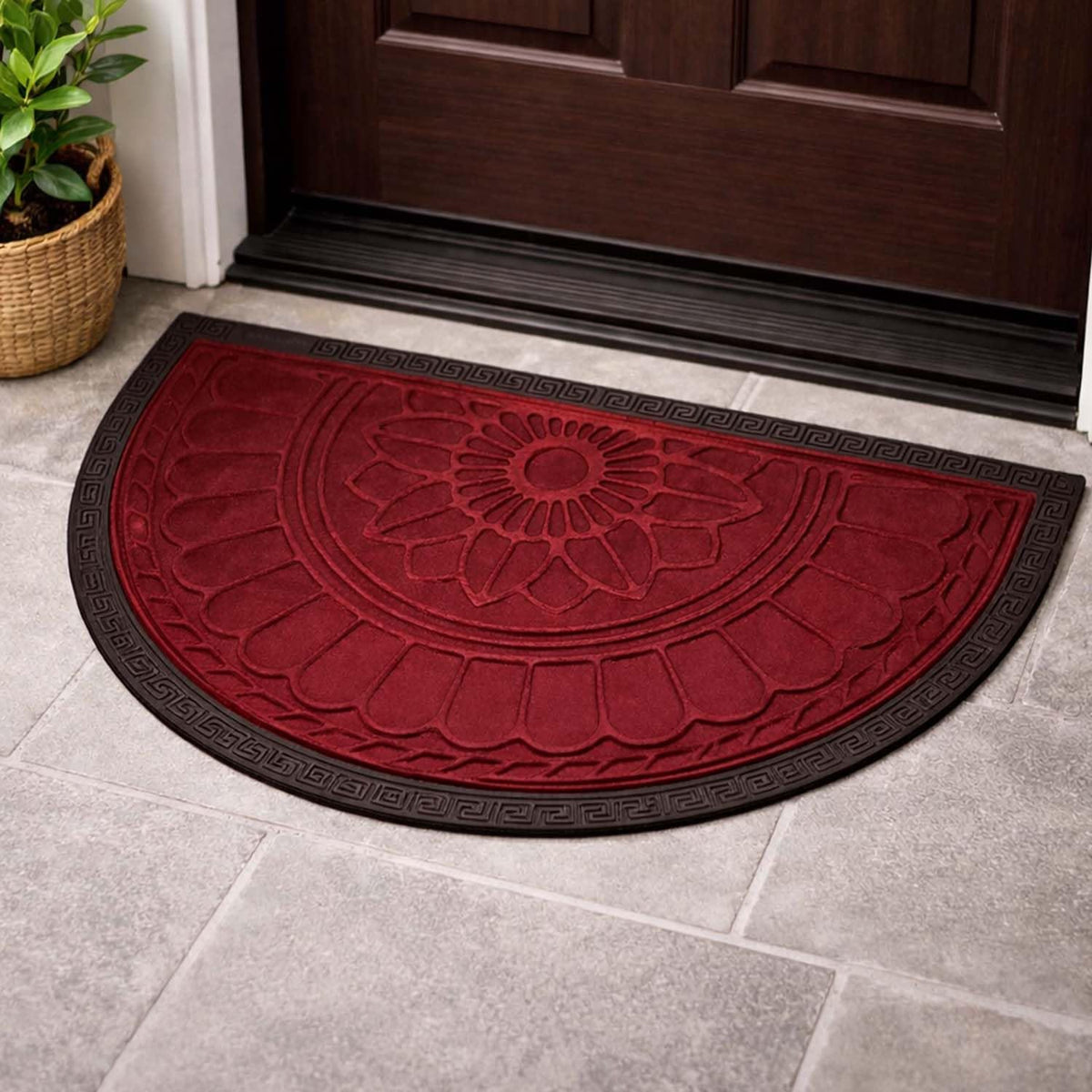 Image 1 of Default Title for the product Go Hooked Rubber Half Circle Door Mat 70x44 cm | Anti Slip Waterproof Entrance Door Mat for Home & Office | Outdoor Semi Circle Main Door Floor Mat for Bathroom, Kitchen, Bedroom | Imperial Lotus Red