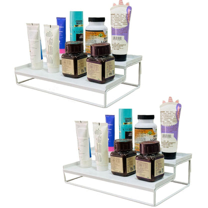 Image 1 of Default Title for the product Go Hooked 2-Tier Metal Countertop Spice Rack for Kitchen Pack of 2 | 31x19x9 cm Kitchen Organizer Shelf, Bathroom Vanity Rack, Makeup Cosmetic & Desk Storage Stand, White Powder Coated Iron
