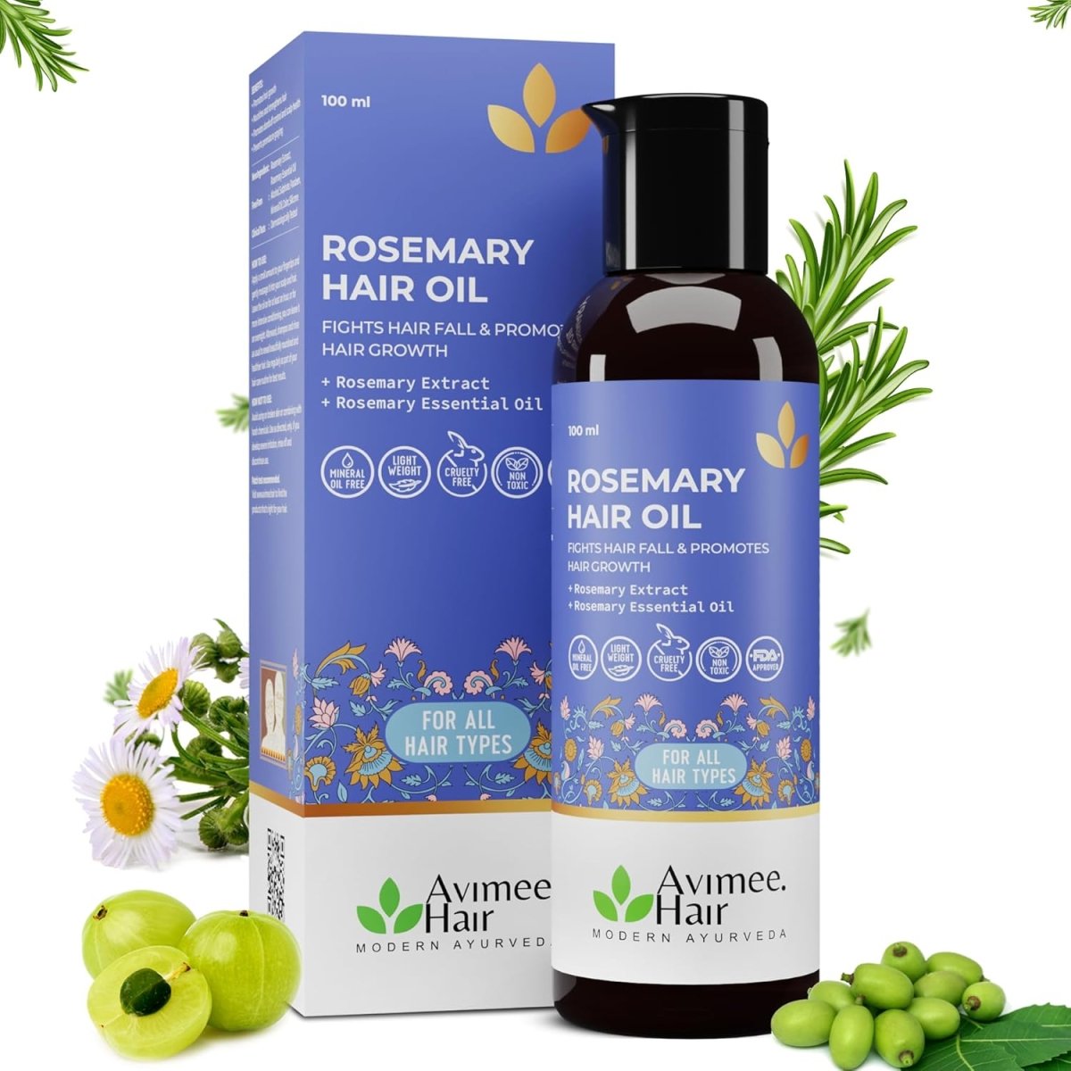 Image 1 of 100 ml for the product Avimee Herbal Rosemary Hair Oil For Hair Growth With Neem, Amla & Bhringraj Oil