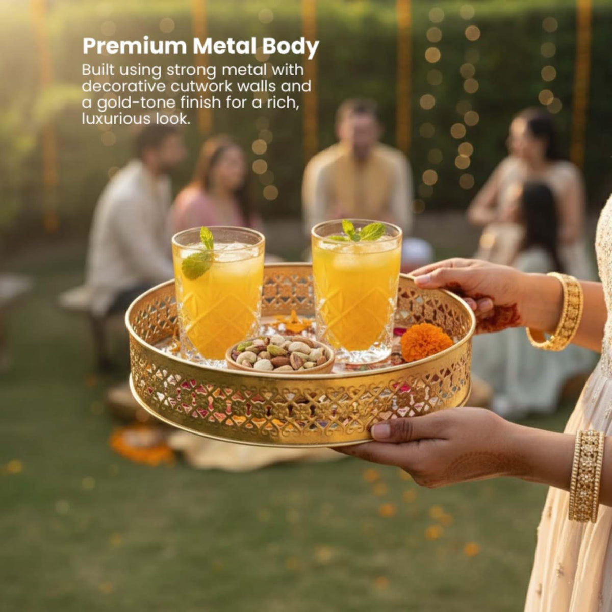 Image 3 of Go Hooked Decorative Metal Tray Set of 2 with Traditional Indian Folk Dance Artwork | Round Gold Finish Accent Trays for Home Décor, Festive Decoration & Ethnic Luxury Display (8/10 Inch)