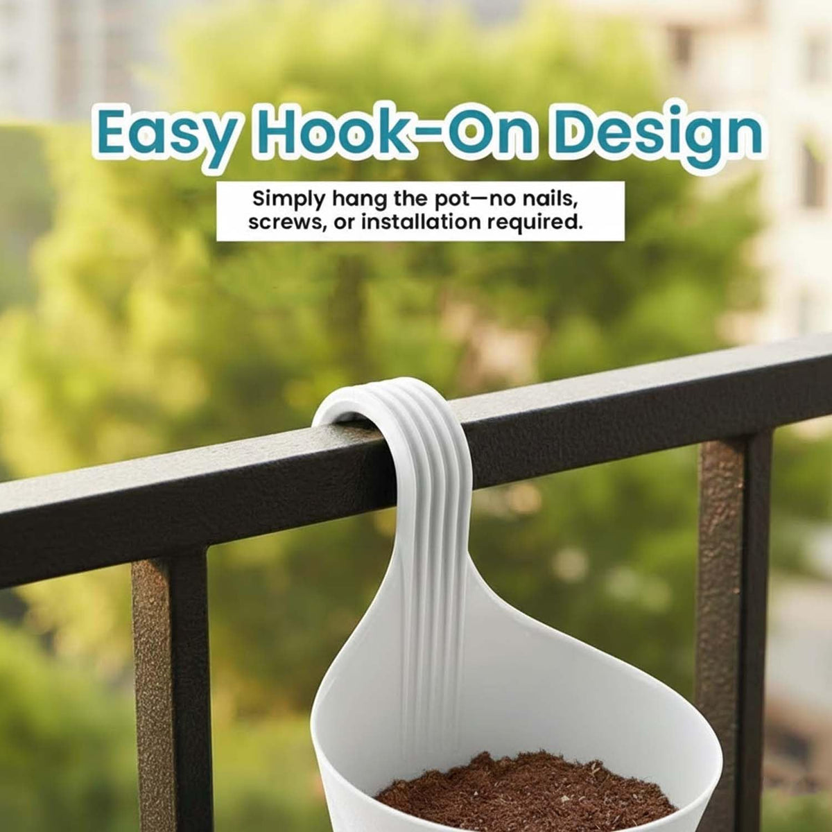 Image 5 of Go Hooked Plastic Hanging Planter for Plants, Vertical Gardens, Modern Living, Greenery, Compact Living Spaces, Railing Flower Pots, Pot Diameter (22 cm), Pot Height (17 cm) (Set of 5) (White)