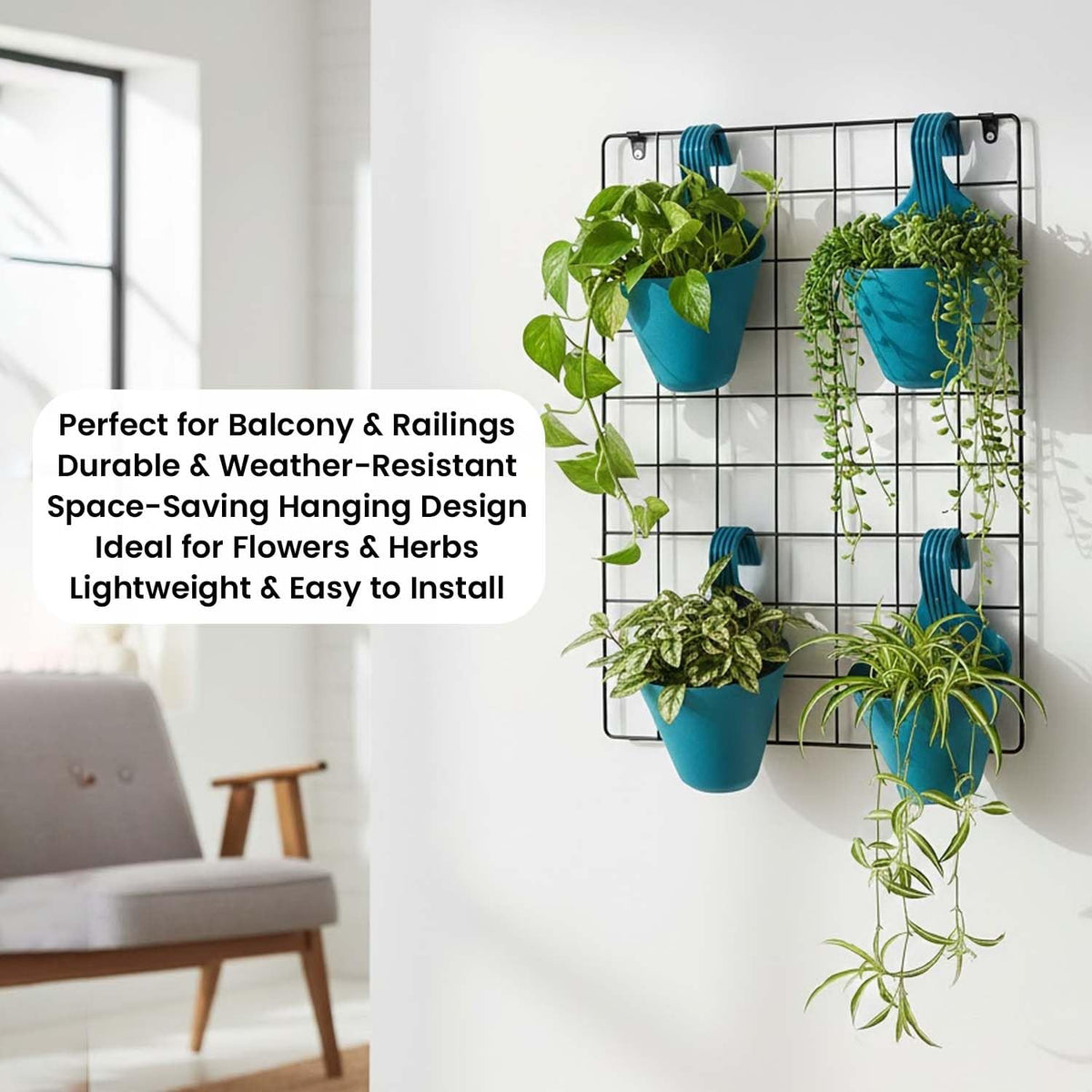Image 6 of Go Hooked Plastic Hanging Planter for Plants, Railing Flower Pots, Pot Diameter (22 cm), Pot Height (17 cm) (Set of 3)(Blue)