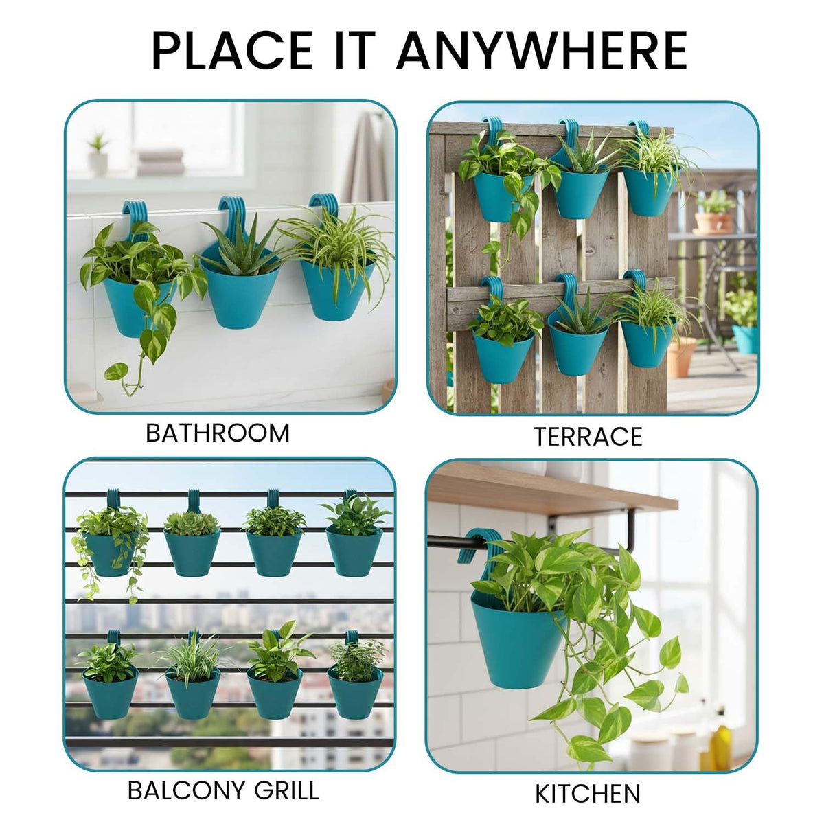 Image 7 of Go Hooked Plastic Hanging Planter for Plants, Railing Flower Pots, Pot Diameter (22 cm), Pot Height (17 cm) (Set of 3)(Blue)