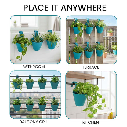 Image 7 of Go Hooked Plastic Hanging Planter for Plants, Railing Flower Pots, Pot Diameter (22 cm), Pot Height (17 cm) (Set of 3)(Blue)