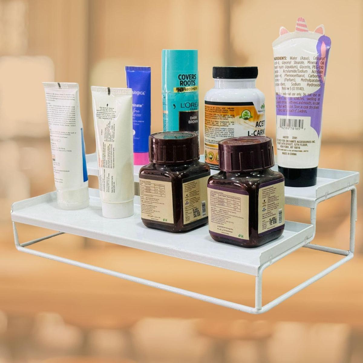 Image 6 of Go Hooked 2-Tier Metal Countertop Spice Rack for Kitchen Pack of 2 | 31x19x9 cm Kitchen Organizer Shelf, Bathroom Vanity Rack, Makeup Cosmetic & Desk Storage Stand, White Powder Coated Iron