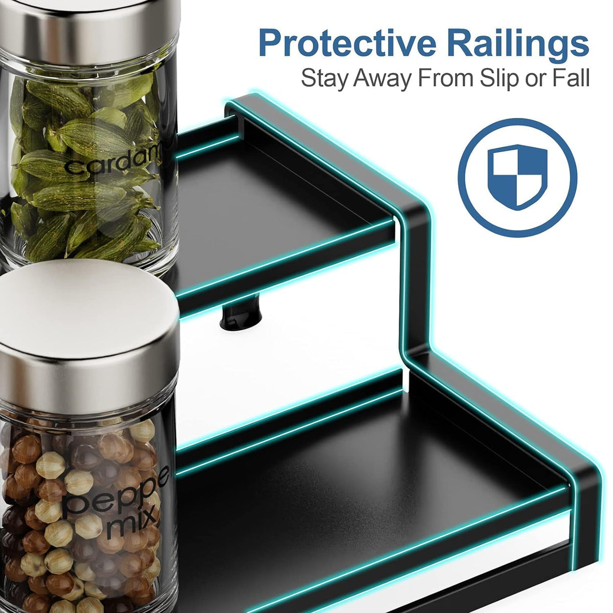 Image 4 of Go Hooked Spice Rack Organizer For Cabinet, 2 Tier Black Expandable Spice Rack for Pantry, Spice Organizer Display Shelf (14.5 to 27.3 inch)