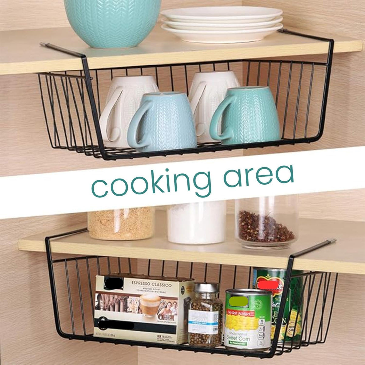 Image 7 of Go Hooked 16 Inch Under Shelf Basket Black Powder Coated Iron for Maximum Storage Efficiency Optimize Your Space for Kitchen and Pantry Home and Office Set of 2