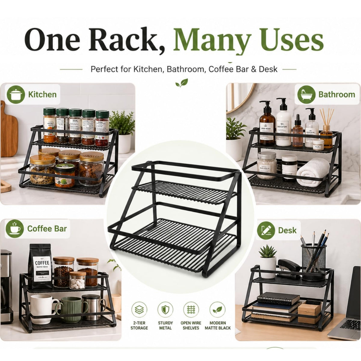 Image 2 of Go Hooked 2 Tier Countertop Organizer Rack for Kitchen, Bathroom & Vanity | Metal Spice Rack for Countertop, Cabinet & Pantry | Makeup & Cosmetic Organizer | Coffee Bar & Desk Storage Stand
