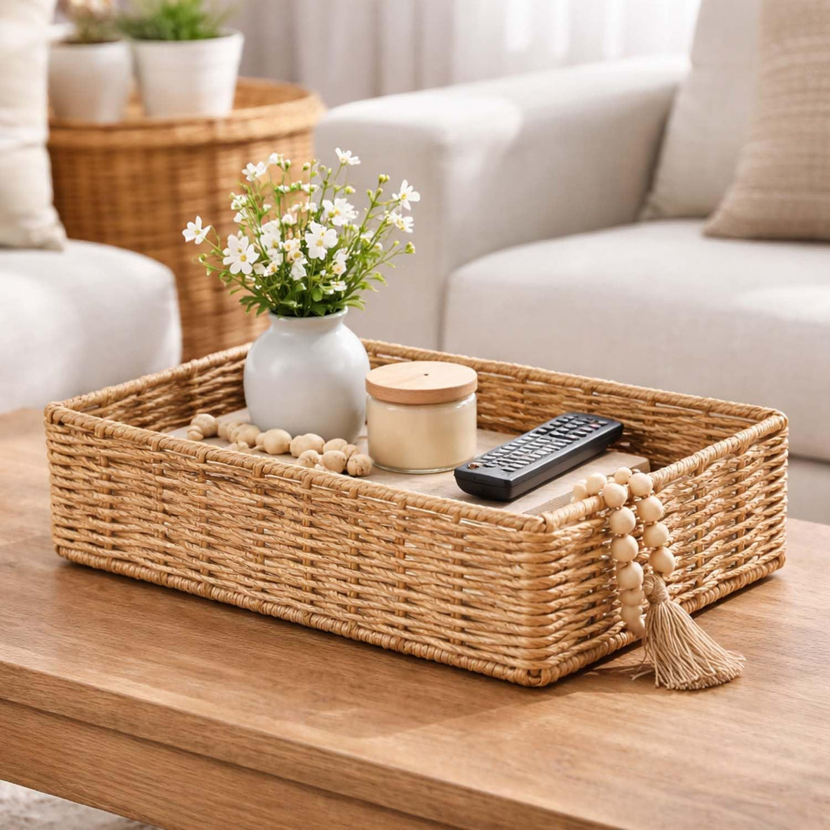 Image 1 of Default Title for the product Go Hooked Handwoven Water Hyacinth Raffia Storage Basket 12 Inch | Natural Wicker Bathroom Organizer Basket for Towels, Toiletries & Shelf | Decorative Basket for Bathroom, Bedroom, Home & Office