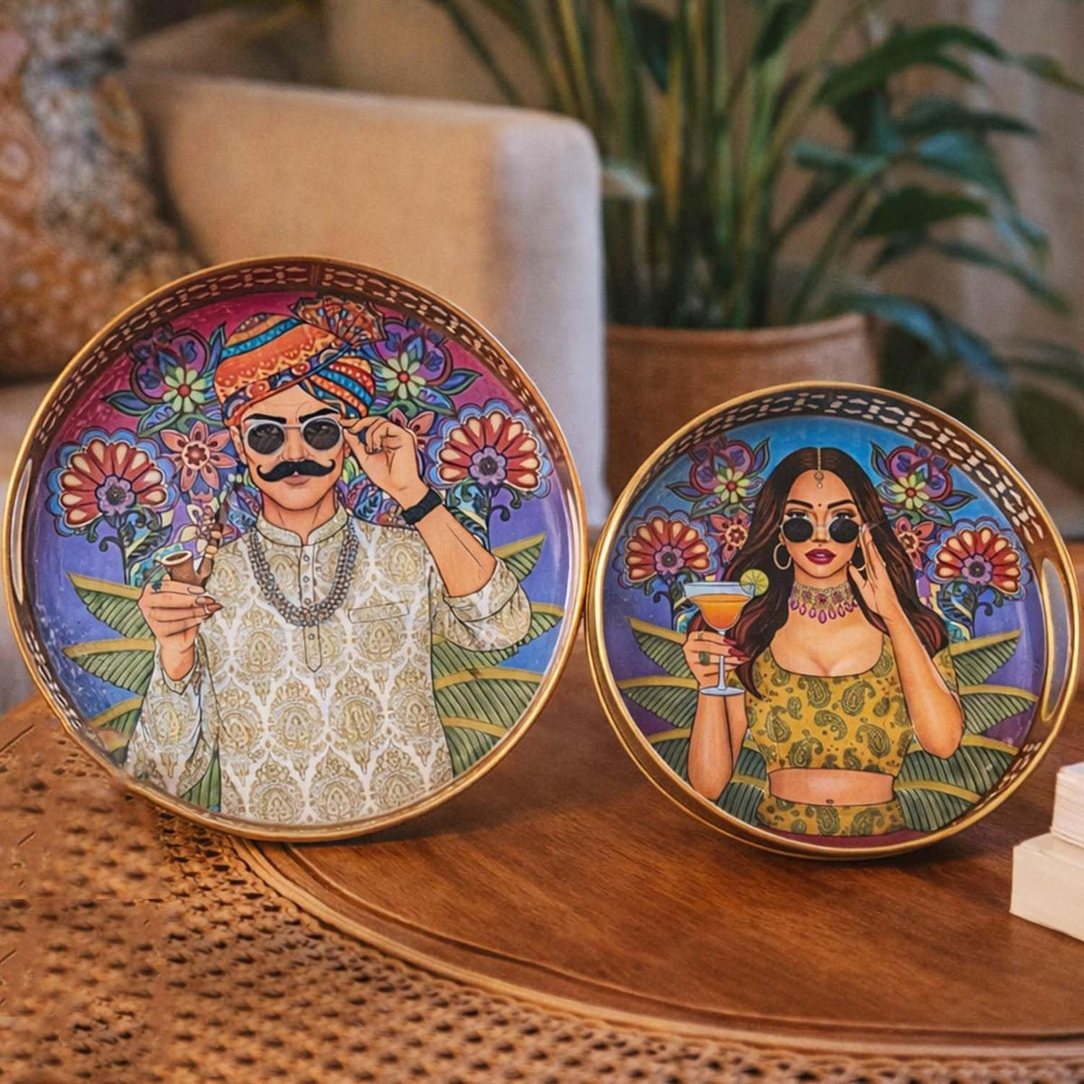 Image 1 of Default Title for the product Go Hooked Decorative Metal Tray Set of 2 with Modern Couple Art | Round Display Trays for Home Décor, Coffee Table Styling, Valentine Gift for Couples, Romantic Party Theme Luxury Display (8/10 Inch)
