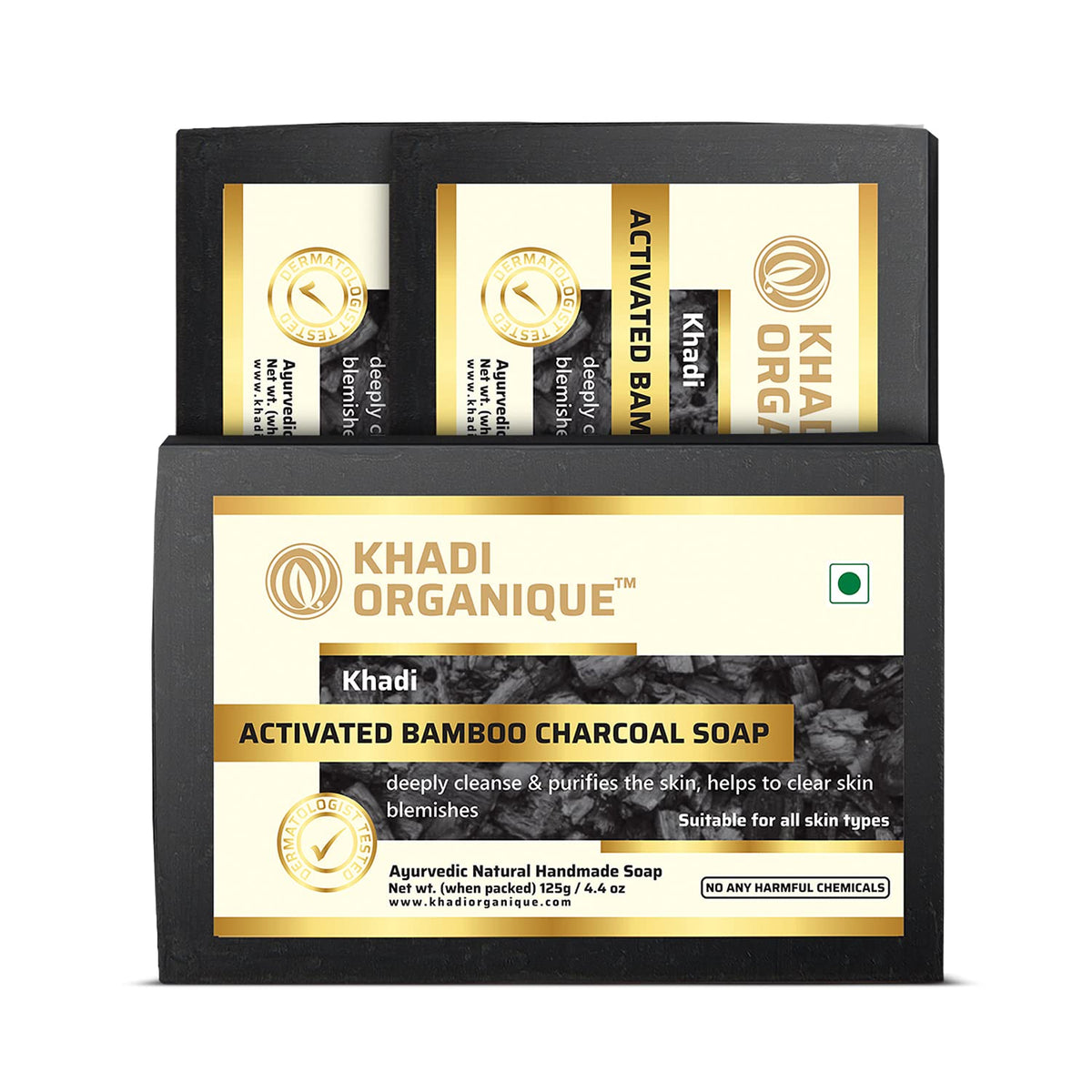 Image 1 of 125 gm / Pack of 3 for the product Khadi Organique Natural Herbal Handmade Charcoal Soap