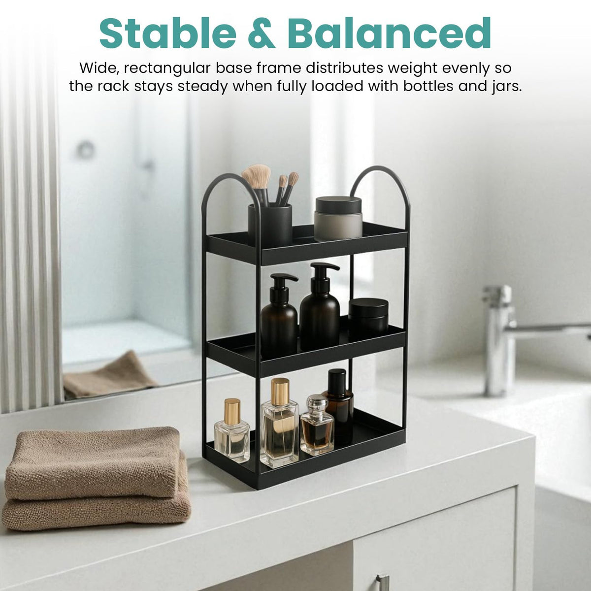 Image 4 of Go Hooked 3 Tier Curved Metal Vanity Organizer – 45cm Tall Countertop Storage Rack for Bathroom, Dressing Table & Desk | Powder Coated Rust-Resist Iron | Freestanding Space-Saving Shelf (Black)