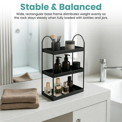 Image 4 of Go Hooked 3 Tier Curved Metal Vanity Organizer – 45cm Tall Countertop Storage Rack for Bathroom, Dressing Table & Desk | Powder Coated Rust-Resist Iron | Freestanding Space-Saving Shelf (Black)