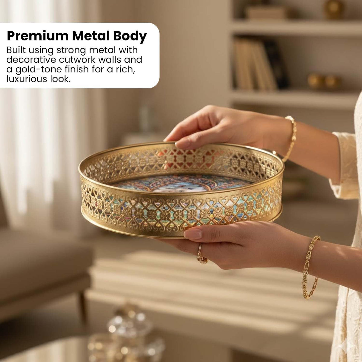 Image 3 of Go Hooked Decorative Metal Tray Set of 2 | Peacock Art Decorative Round Tray for Home Décor, Coffee Table Styling, Romantic Valentine Gift, Luxury Accent Display for Living Room & Bedroom Gold Finish