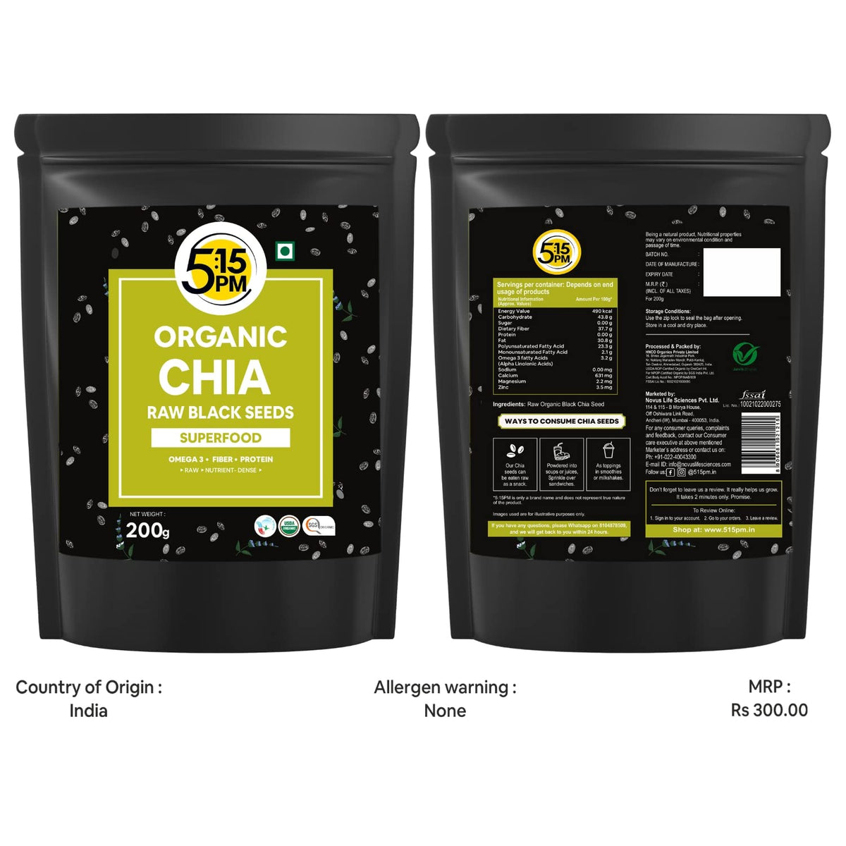Image 8 of 5:15 PM Certified Organic Chia Seeds - Raw Unroasted Black Chia Seeds