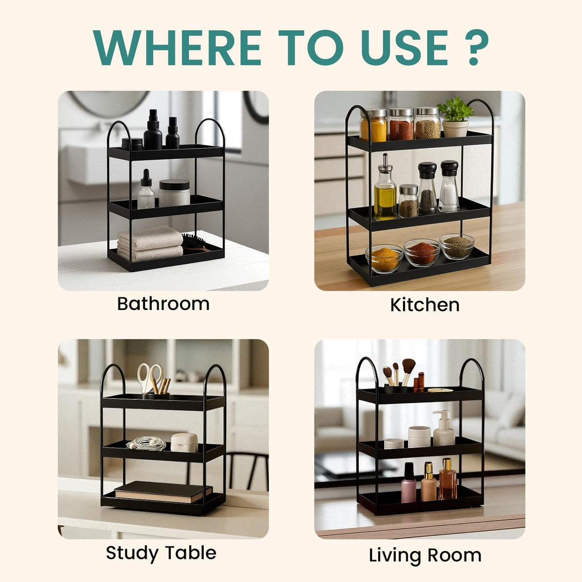 Image 6 of Go Hooked 3 Tier Curved Metal Vanity Organizer – 45cm Tall Countertop Storage Rack for Bathroom, Dressing Table & Desk | Powder Coated Rust-Resist Iron | Freestanding Space-Saving Shelf (Black)