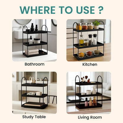 Image 6 of Go Hooked 3 Tier Curved Metal Vanity Organizer – 45cm Tall Countertop Storage Rack for Bathroom, Dressing Table & Desk | Powder Coated Rust-Resist Iron | Freestanding Space-Saving Shelf (Black)