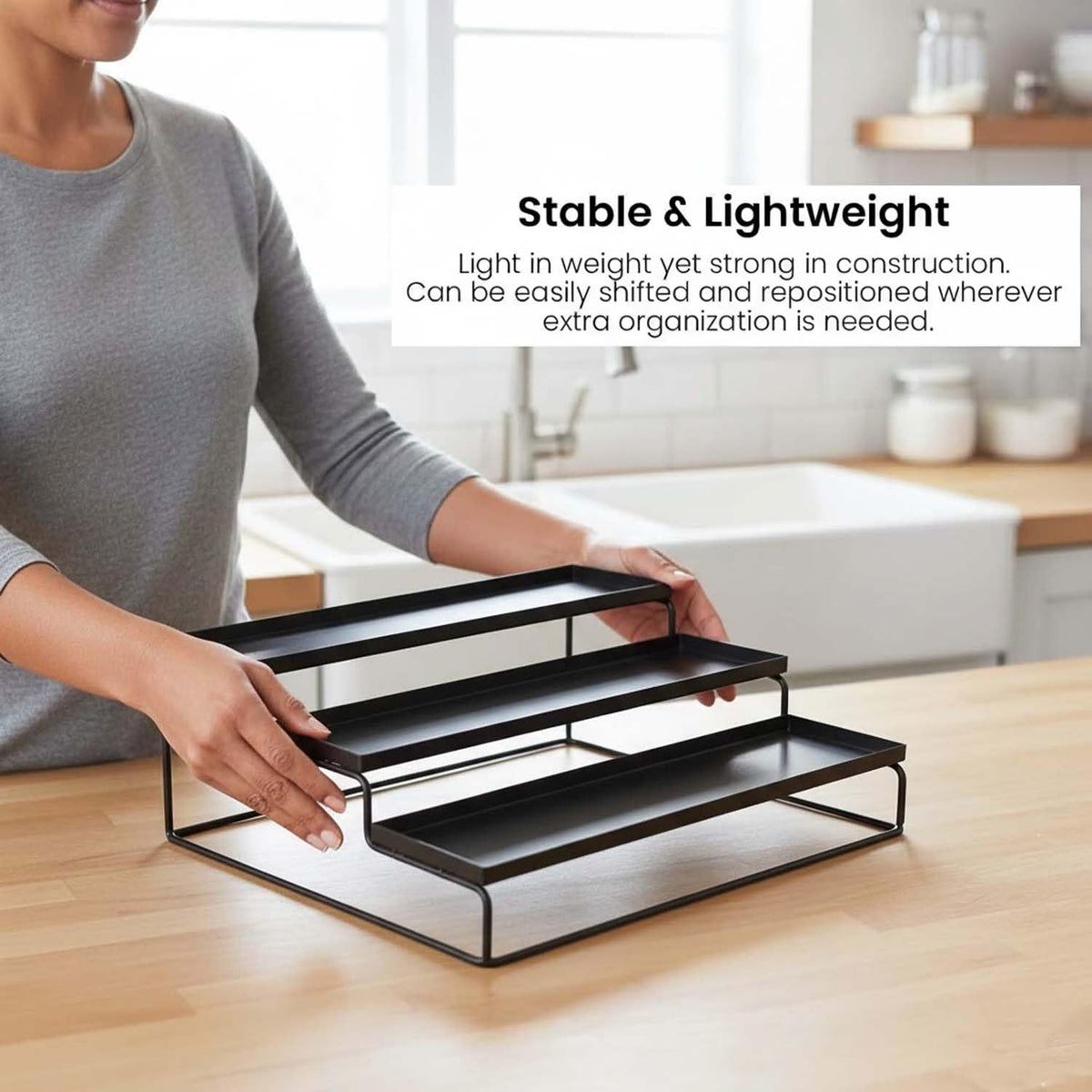 Image 3 of Go Hooked 3-Tier Metal Countertop Spice Rack For Kitchen Pack of 2 | Multi Purpose Storage Organiser | Tiered Shelf For Spice Bottles, Masala Jars, Pantry, Cabinet, Bathroom & Vanity Storage (Black)