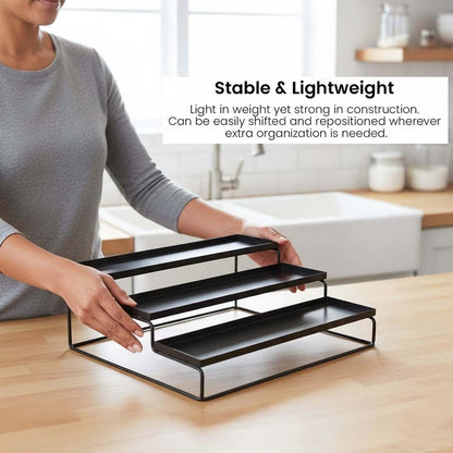Image 3 of Go Hooked 3-Tier Metal Countertop Spice Rack For Kitchen Pack of 2 | Multi Purpose Storage Organiser | Tiered Shelf For Spice Bottles, Masala Jars, Pantry, Cabinet, Bathroom & Vanity Storage (Black)