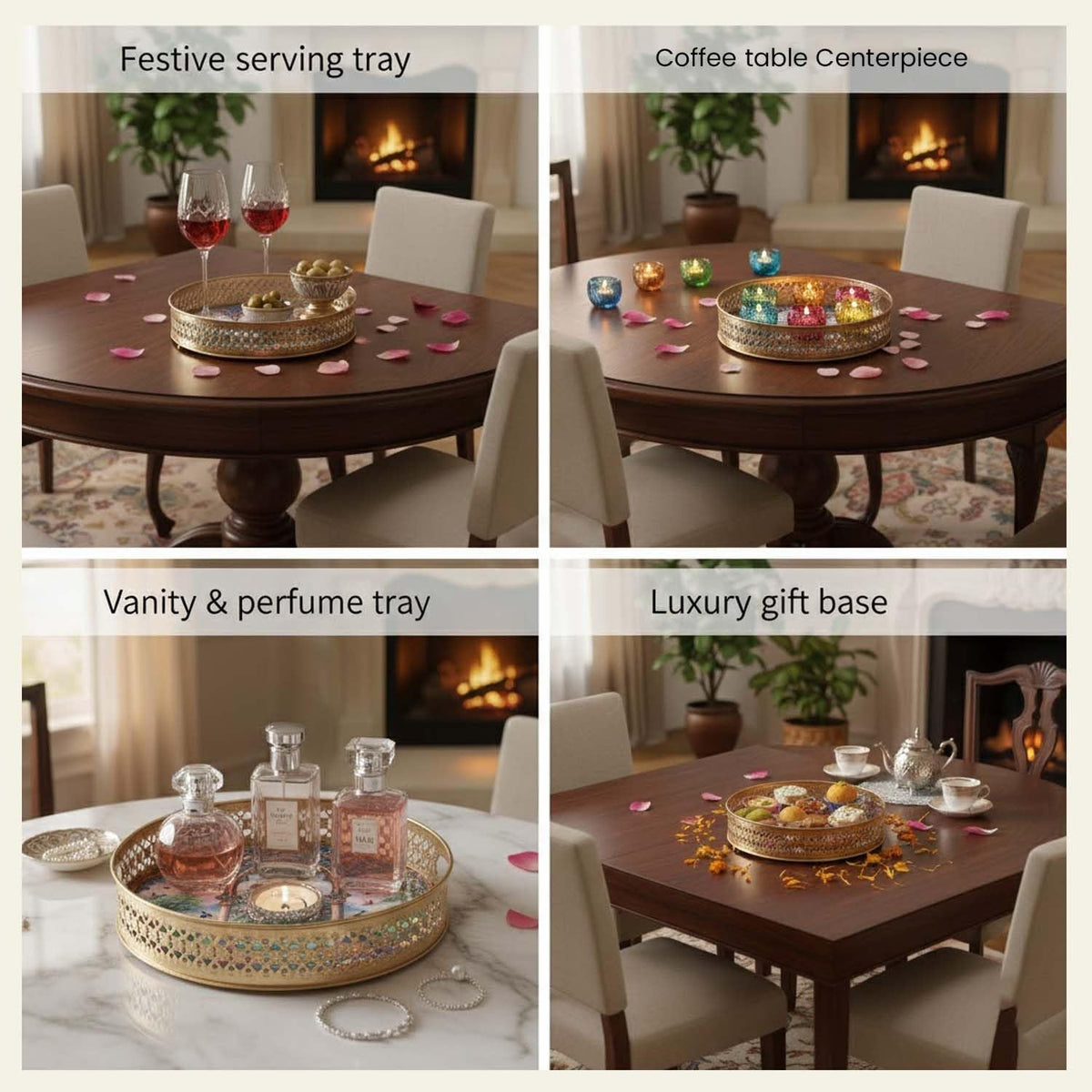 Image 4 of Go Hooked Decorative Metal Tray Set of 2 | Peacock Art Decorative Round Tray for Home Décor, Coffee Table Styling, Romantic Valentine Gift, Luxury Accent Display for Living Room & Bedroom Gold Finish