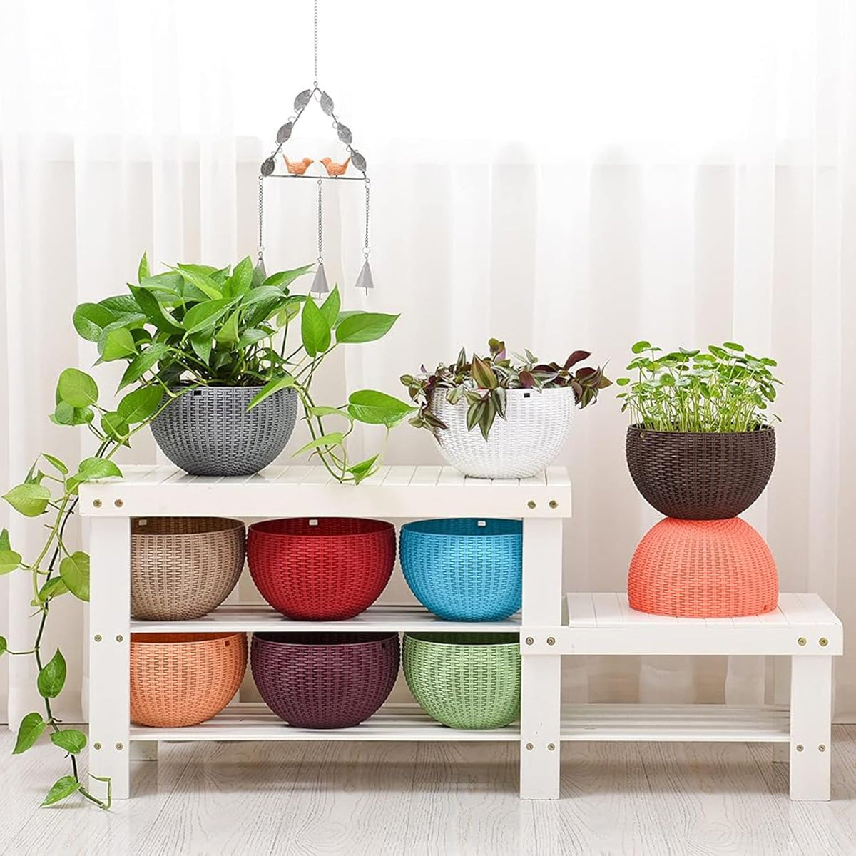 Image 7 of Go Hooked 7.1" Plastic Rattan Hanging Basket/Hanging Pots with Metal Hanging Chain/Hanging Planters Set of 7 (White) (Flowers Not Included)