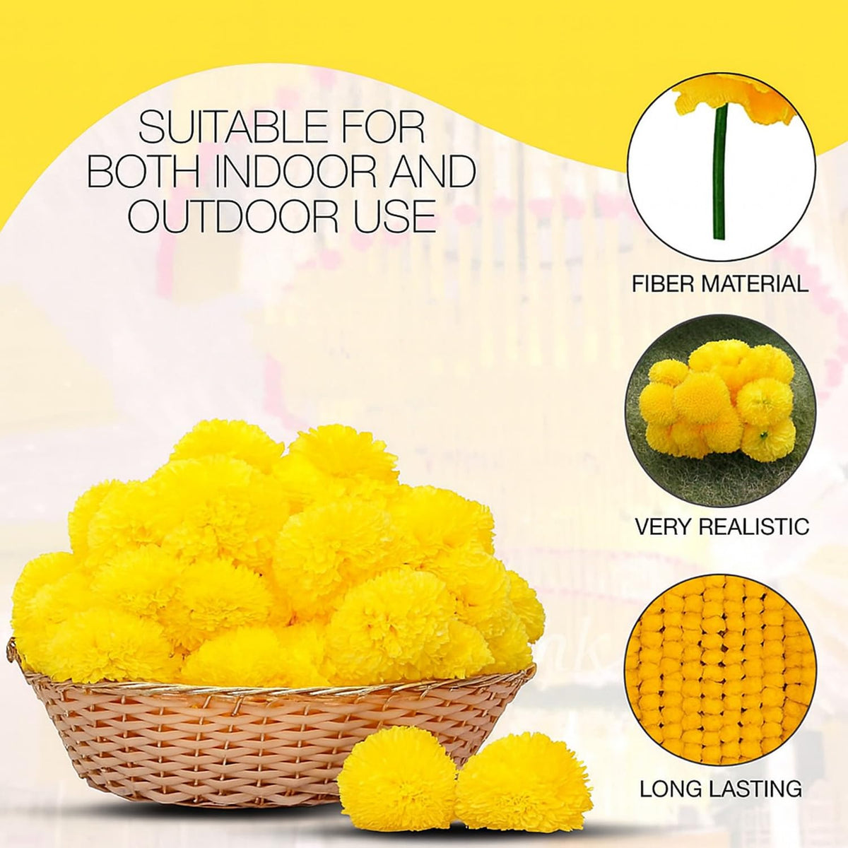 Image 3 of Go Hooked Artificial Flowers | Marigold Fluffy Flowers | String Garlands | Special Occasion Decoration | Home Decor Party | Festival Theme Decorative | 5 Feet Each | Yellow | Pack of 5