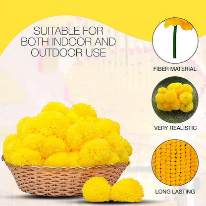 Image 3 of Go Hooked Artificial Flowers | Marigold Fluffy Flowers | String Garlands | Special Occasion Decoration | Home Decor Party | Festival Theme Decorative | 5 Feet Each | Yellow | Pack of 5